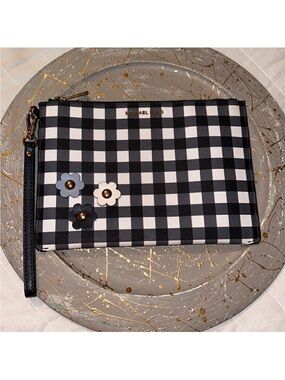 Michael Kors Black Gray White Gold Tone Hardware Gingham Clutch